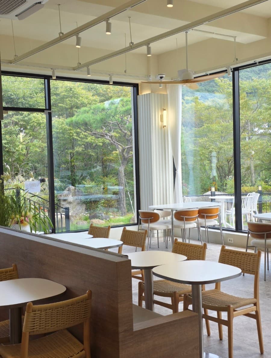 숲 전망 통유리 창가에 마련된 상사포레브 좌석