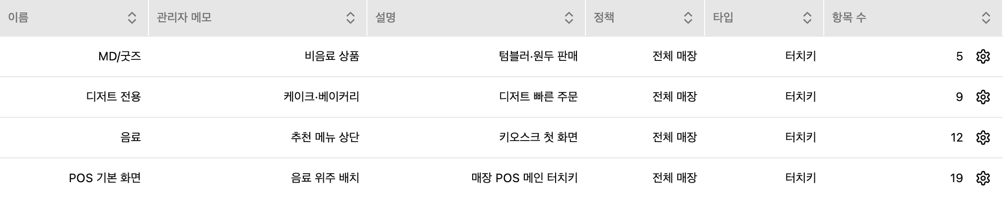 어드민 터치키 설정 목록 화면