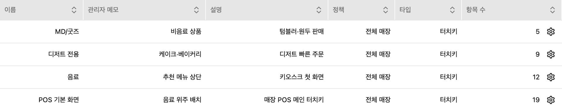 어드민 터치키 설정 목록 화면