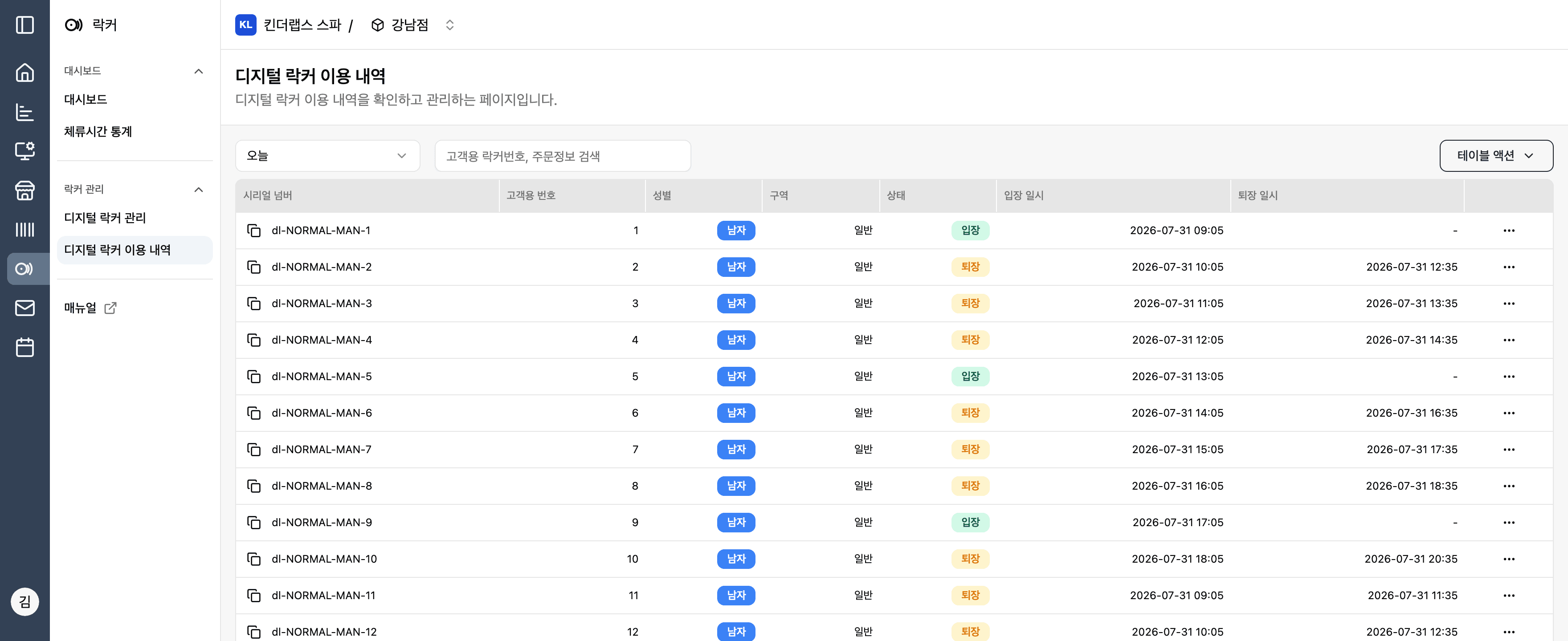 어드민 디지털 락커 이용 내역 — 시리얼·고객용 번호·구역·입퇴장 일시 표