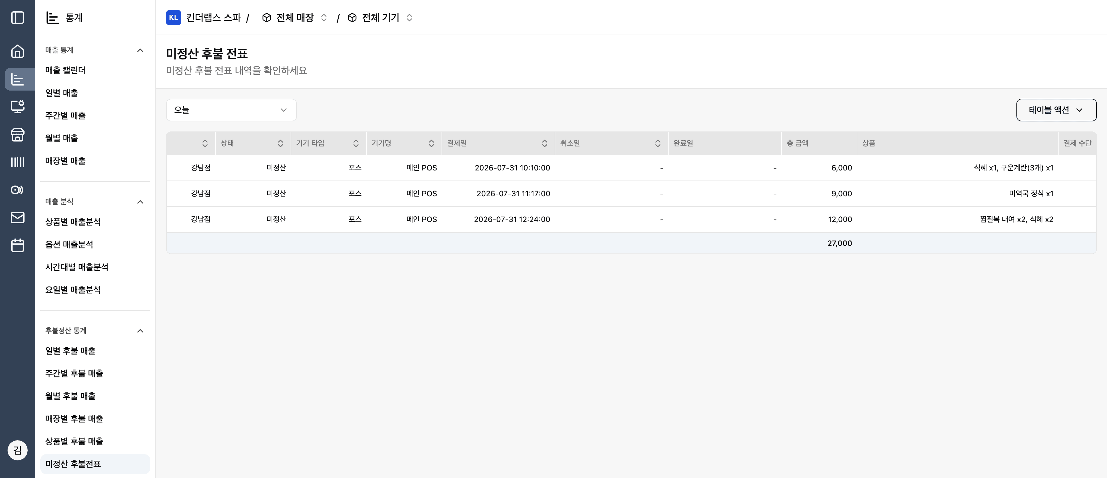 어드민 미정산 후불 전표 — 미정산 상태 전표 3건과 후불정산 통계 메뉴